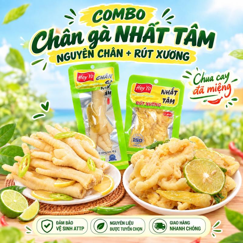 [TẶNG KÈM CHÂN RÚT XƯƠNG] HEY YO Chân Gà NHẤT TÂM - Combo Nguyên Chân và Rút Xương | Chân Gà Không Xương Ngâm Ớt Xiêm Xanh, Cay Giòn Sần Sật, Đồ Ăn Vặt Văn Phòng Tiện Lợi, Mix Nguyên Chân 40g + Rút Xương 26g