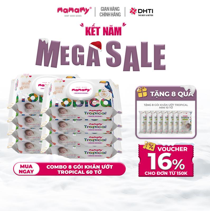   NB  MUA 8 TẶNG 8  MUA 8 gói khăn ướt Mamamy Tropical 60 tờ không hương thơm cho mẹ và bé sợi vải thuần tự nhiên và rayon x2 chất chống hăm bổ sung tinh chất thiên nhiên TẶNG 8 gói khăn ướt Mamamy Tropical mini 10 tờ không hương thơm 