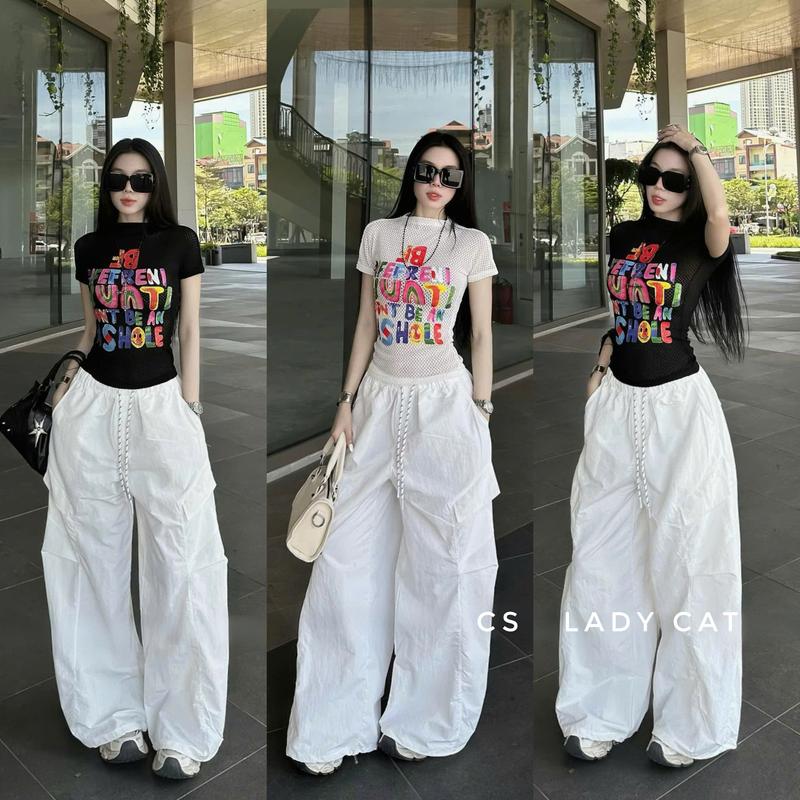 Sét Áo Lưới Hoạ Tiết Chữ In Pét Cao Cấp Mix Quần Thụng Gió Dành Cho Nữ Cá Tính by T.LINH STORE 68