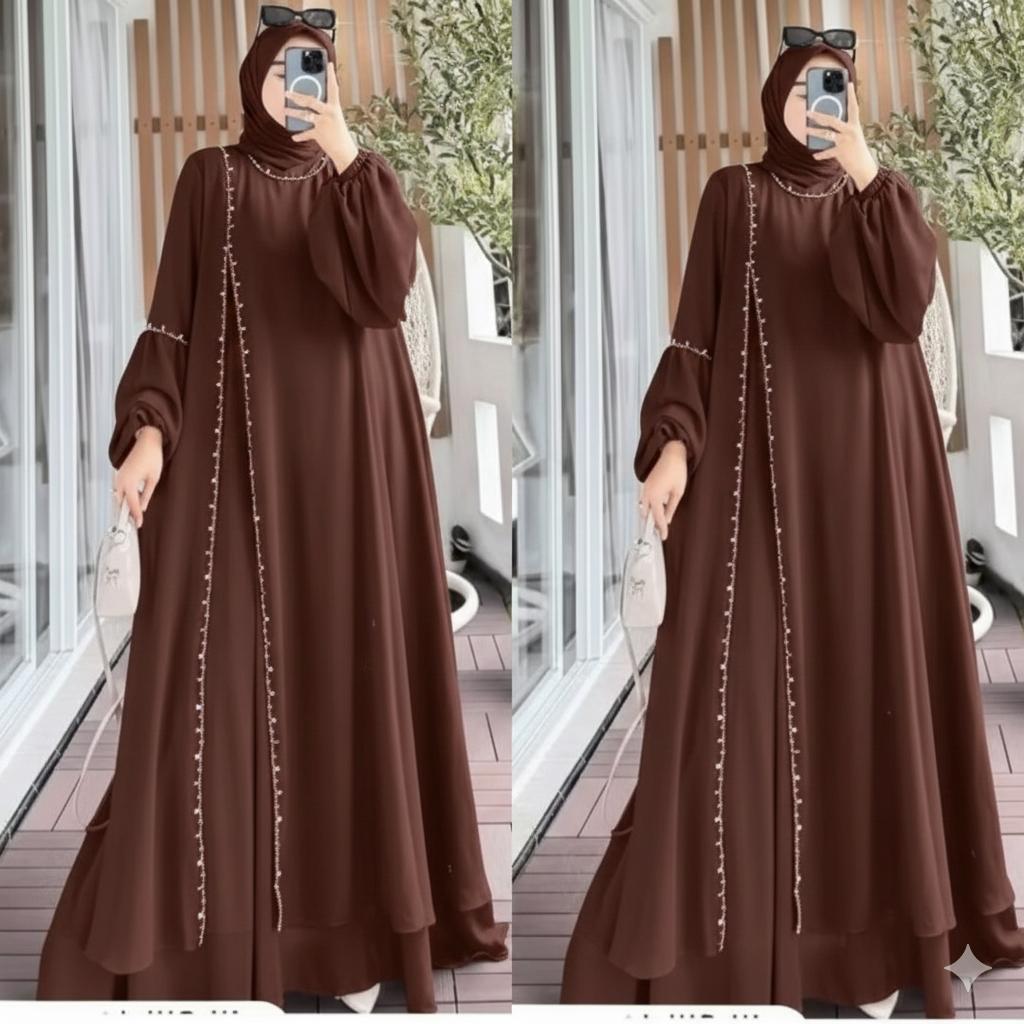 Gamis Aisyah 2026 Model Terbaru Abaya Turkey Warna Mahogany Dress Arab Saudi Payet Mutiara Layer Depan Wanita Mewah Elegan Bahan Ceruty Babydoll Size S-XXXL