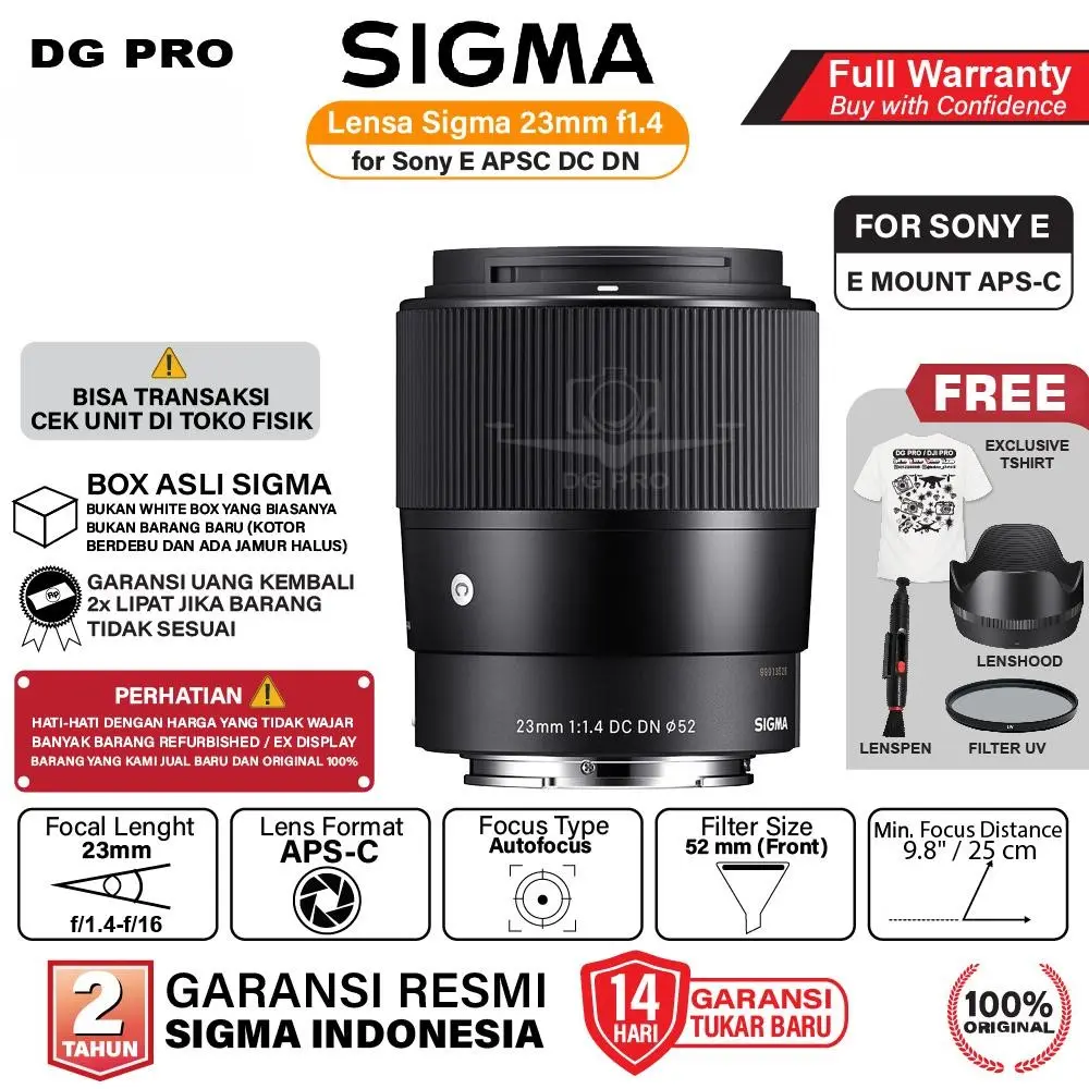 Sigma 23mm f1.4 APSC DC DN Contemporary Lens Compatible for Sony E / Fujifilm X / Leica L 23 mm f/1.4 Garansi Resmi