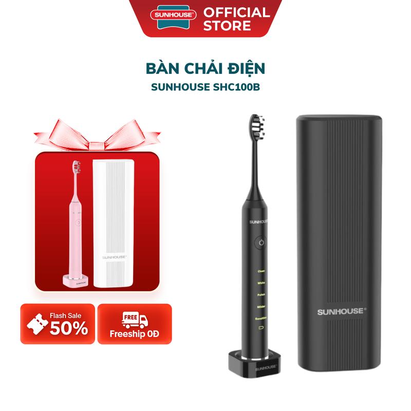 Bàn chải điện Sunhouse SHC100B - 5 chế độ chải - Sạch toàn diện, nướu khỏe mạnh - Thời lượng pin tới 90 ngày