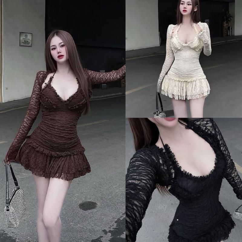 Set đầm BODY REN CỔ YẾM cột dây kèm áo khoác ngoài ren kèm quần co dãn-H20