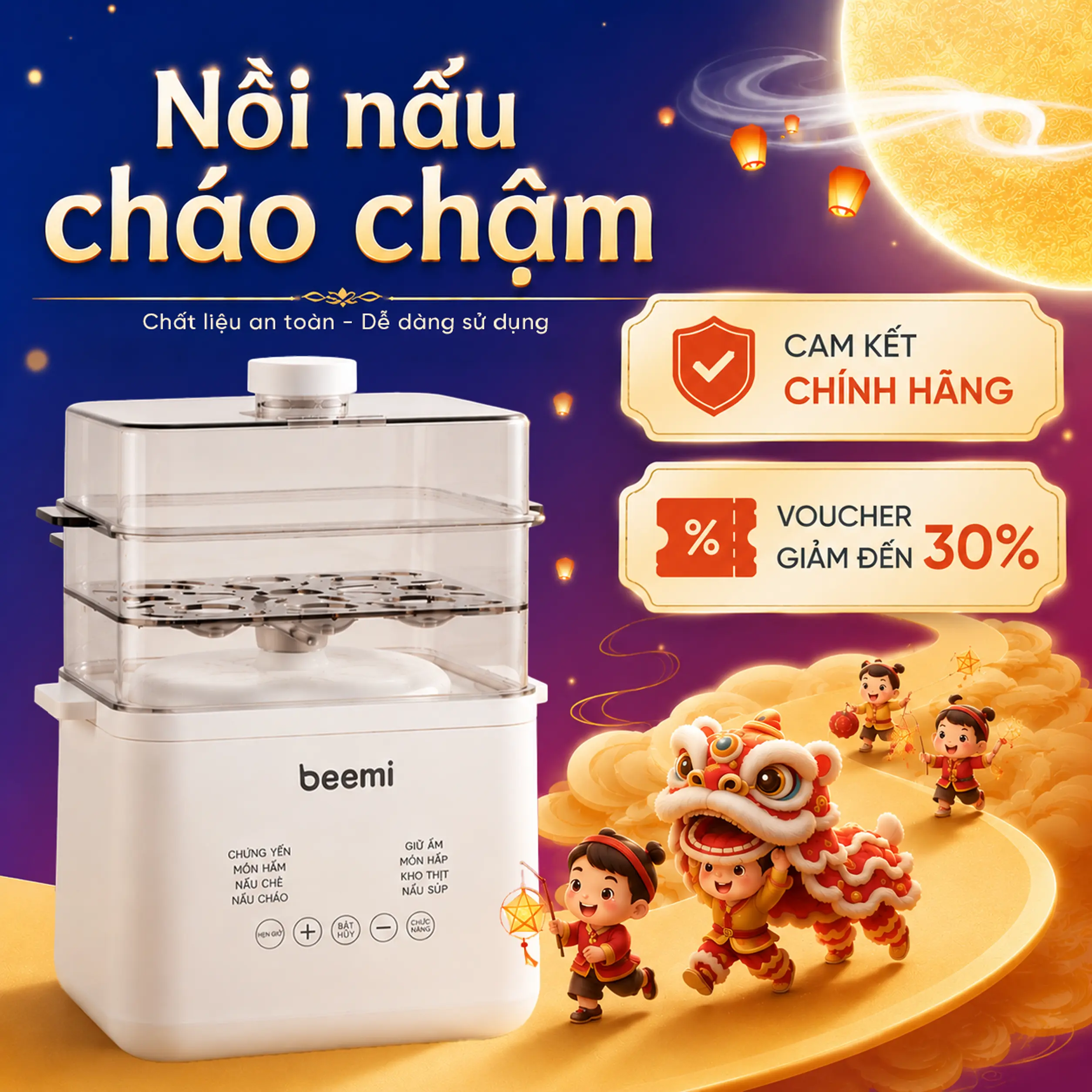 Nồi nấu cháo chậm Beemi cách thủy cắm điện thông minh kèm thố sứ 1 tầng, 2 tầng dung tích 1L