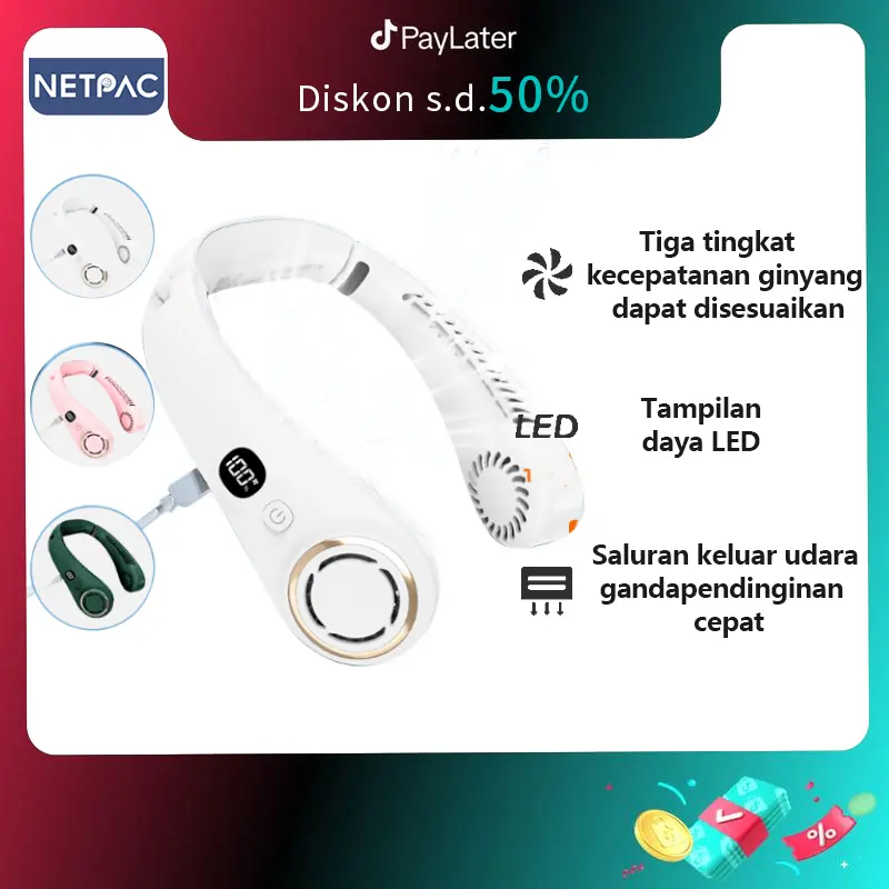 NETPAC Kipas Mini Fan 8000mAh Makaron Design Foldable Neck Fan Portable LED Original