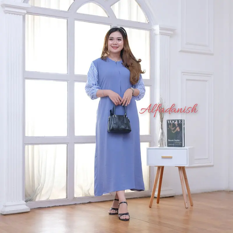 Nayla Dress Airflow Crinkle Kombinasi Rayon Premium Lengan 7/8 Resleting Busui Tali Samping Ibu Nyaman Panjang Tangan Casual Gaun Kaki Midi Gamis Basic Variasi Semata Midi Dress 3