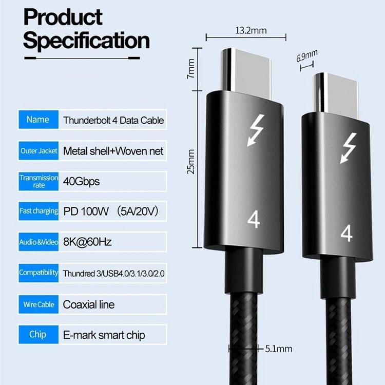 Cáp Thunderbolt 4 từ cổng C sang C, truyền dữ liệu tốc độ 40 Gbps, sạc nhanh PD 100 W, đầu ra video 8K@60 Hz, cáp Type‑C bện cho iPhone, android, MacBook, laptop, trạm trung tâm