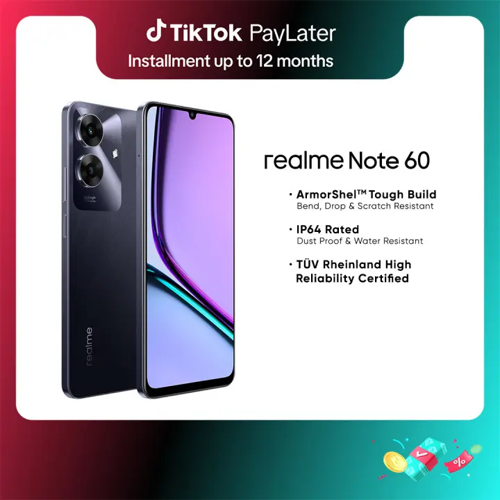 [NEW VARIANT] realme Note 60 [6GB RAM + 128GB ROM][8GB RAM + 256GB ROM] | Amorshell Tough Build (Bend, Drop, Scratch Resistance), IP64 Rated (Dust Proof & Water Resistant), TUV Rheinland High Reliability Certified Smartphone