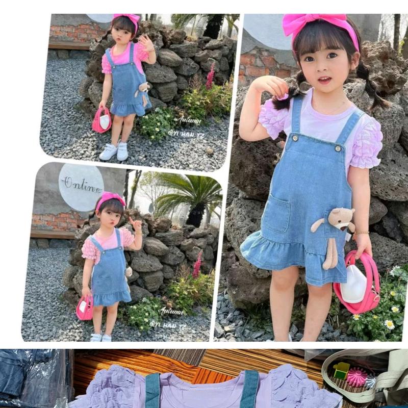 Setelan Anak Perempuan 2 in 1 Fashion Terbaru dengan Bahan Kaos Import dan Overall Jeans 0