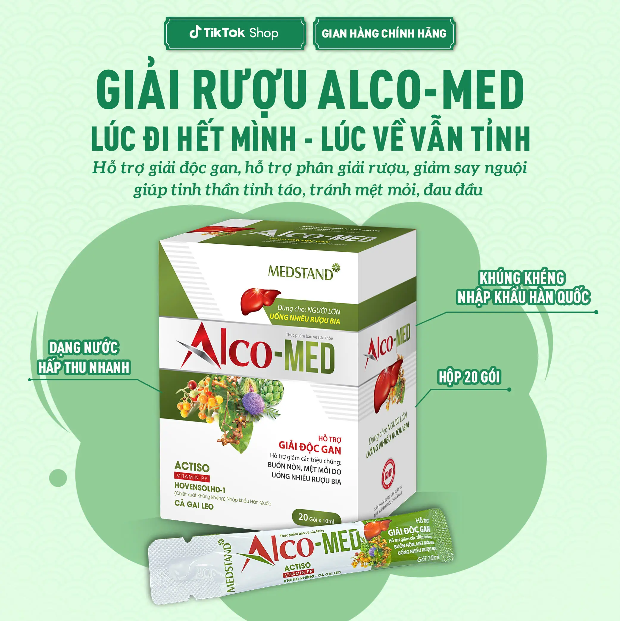 [Bán chạy] Hộp 20 Gói nước uống giải rượu Alco-MED - Hỗ trợ giải độc gan, hỗ trợ phân giải rượu, giảm say nguội giúp tinh thần tỉnh táo, tránh mệt mỏi, đau đầu (hộp 20 gói x 10ml)