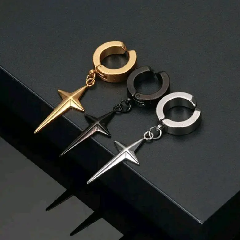 ANTING BINTANG FULL MODEL JEPIT PRIA DAN WANITA Aksesoris Black Elegan Silver Titanium Earrings