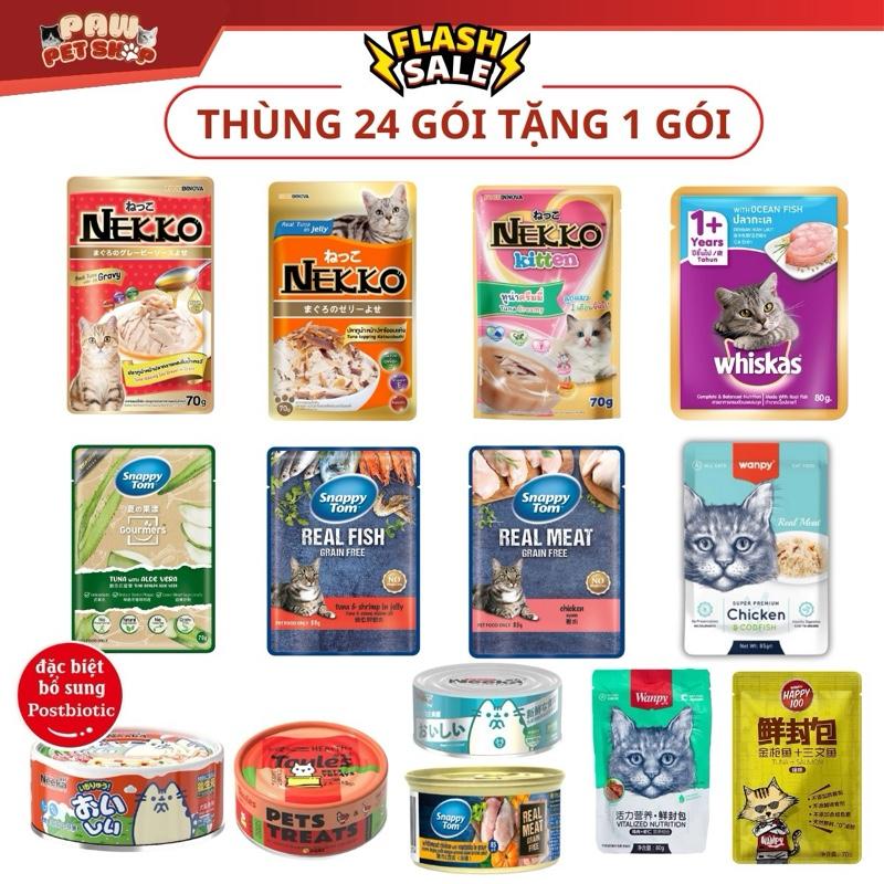   Tặng 1 gói cùng loại  Pate thùng 24 gói có mix vị dành cho mèo l Nekko - Sanppy Tom - Wanpy - Neeka  - Happy 100 - Super Cat - KitCat 