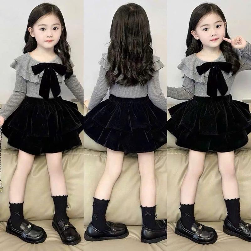Set áo thun tăm xám ghi cổ bèo gắn nơ xinh, kèm chân váy nhung xoè hai tầng xinh đẹp dành cho bé gái ( 7-29kg)