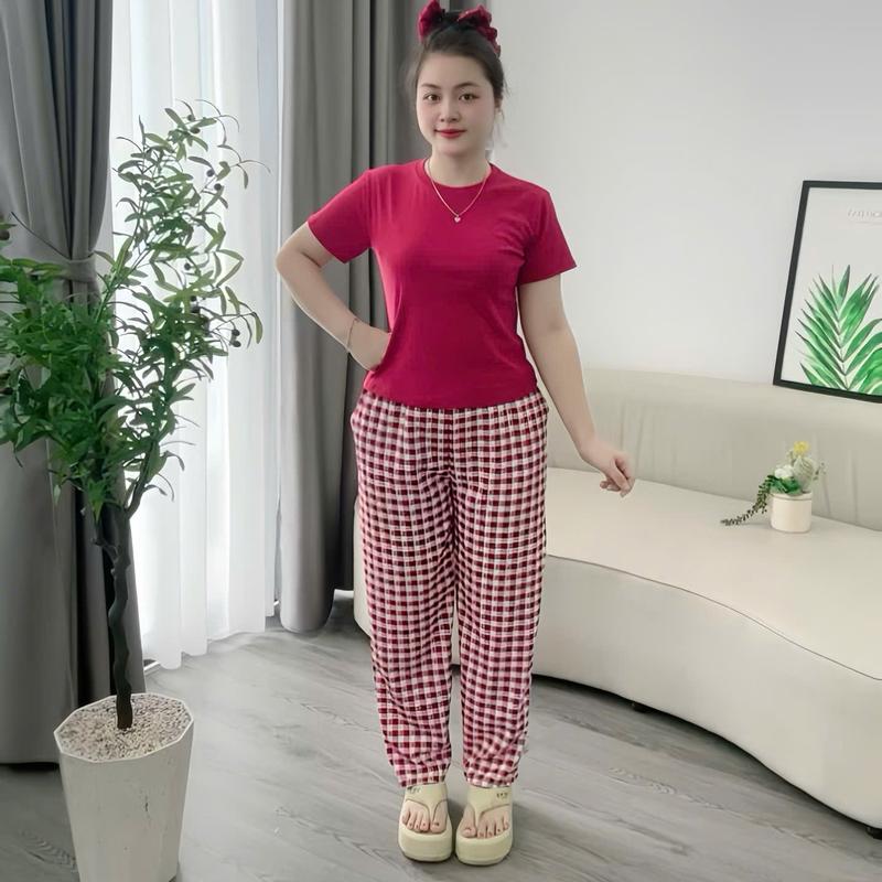  Đồ Bộ Nữ Áo Bozip Cotton Co Dãn Ôm+ Quần Lụa Form Baggy Suông- trẻ trung thấm hút mồ hôi- VN+QC 