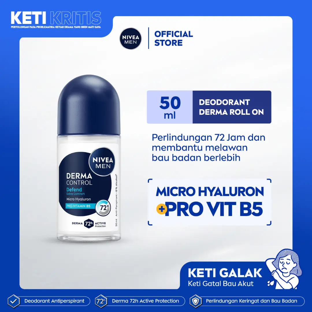 NIVEA MEN Deodorant Antiperspirant Roll On Derma Control Defend 50ml - Deodoran pria skin barrier kulit ketiak sensitif melindungi anti keringat berlebih bau badan penggunaan harian - Hyaluron, Vitamin B5,  0% Alkohol, Halal