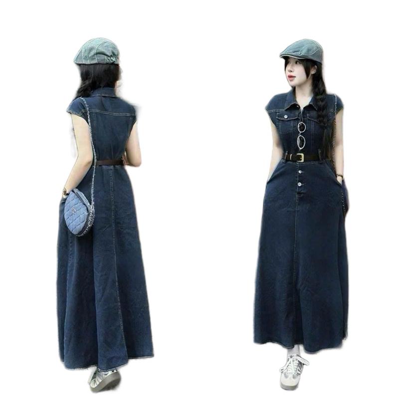  Nhung Jeans Váy Jeans Nữ Liền Thân Cổ Đức Sát Nách Dáng Xoè Màu Xanh Đậm Size S M L Xl 2Xl 3XL Phong Cách Thời Trang 