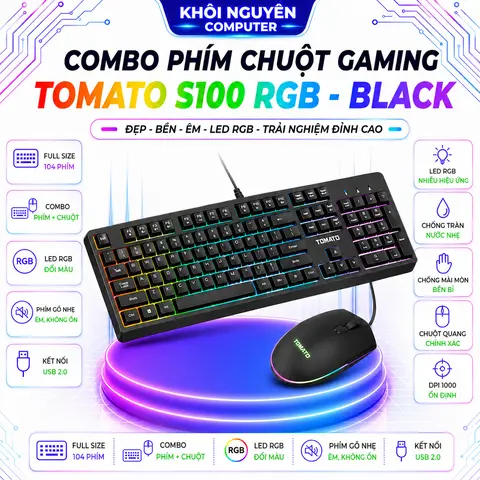 Combo Bàn Phím Chuột Tomato S100 RGB 104 Phím Văn Phòng Màu Đen Nhựa ABS Chính Hãng