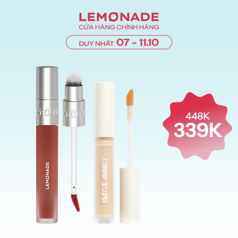 Combo 01 Son bùn ẩm mờ mịn lâu trôi Lemonade Perfect Couple Blurry Stain Lip Cream 3.5g và 01 Kem che khuyết điểm kiềm dầu bền màu Lemonade Matte Addict Concealer 3g