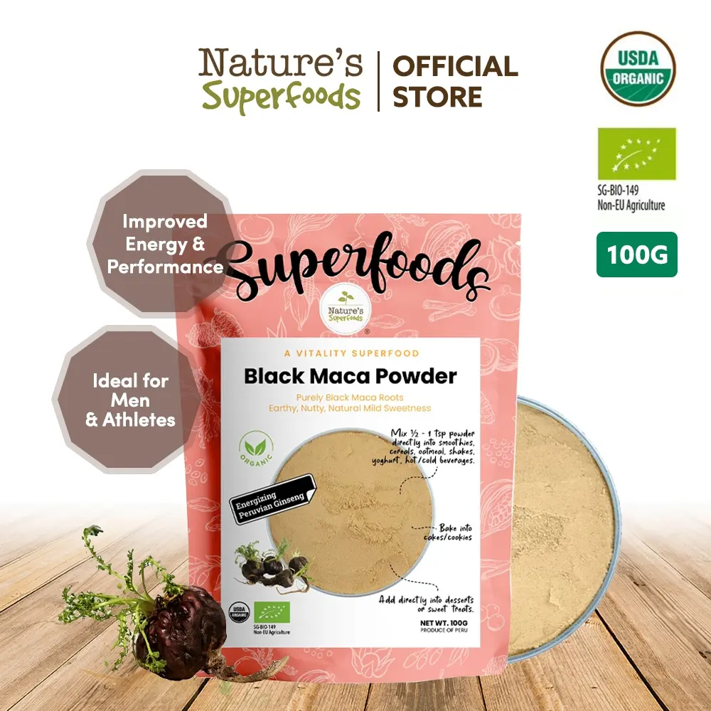 Nature’s Superfoods Organic Raw Black Maca Powder 100G - Energy & Performance for Men & Athletes