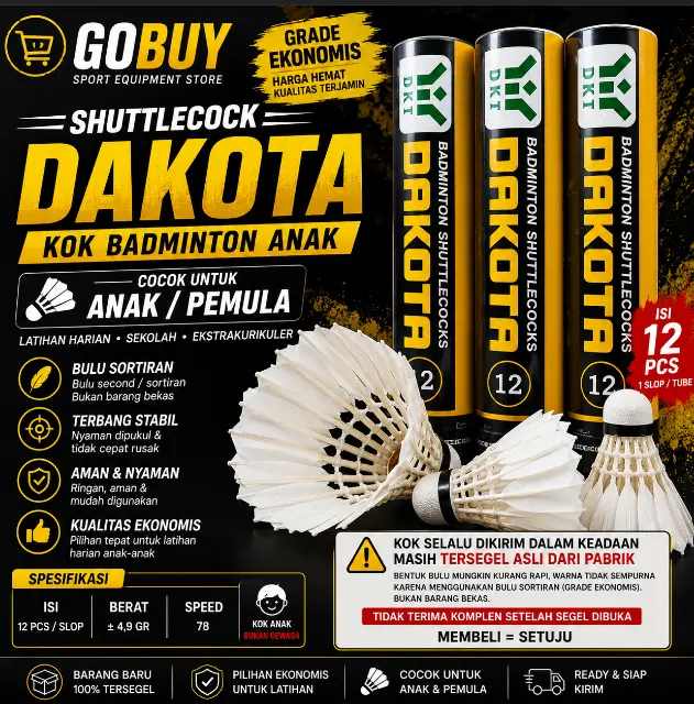 SHUTTLECOCK / KOK / COCK DAKOTA KUNING ISI 12 LOGO DKT HIJAU MURAH GROSIR ANAK DEWASA