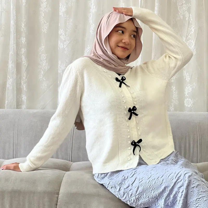 Belle Bow Knit Sweater Cardigan - Coquette Looks Rajut Pita - Bling It On Top Knitwear Wanita Atasan Panjang Kancing Baju 4