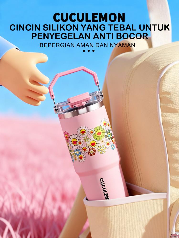 Cuculemon Tumbler Stainless 890ml | Vacuum Flask Hot & Cold 24 Jam, Anti Bocor, Dengan Sedotan & Handle, Motif Sunflower / Lip Print Aesthetic tumblers stainless botol minum sport cup bottle tumbler lucu cewek tumblers hydropack