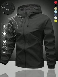 メンズ防水フード付きレインジャケット、軽量素材＆フルジップ仕様、調節可能フード・ポケット付き、通勤・ハイキング・キャンプ・アウトドアに最適な耐久性レインコート