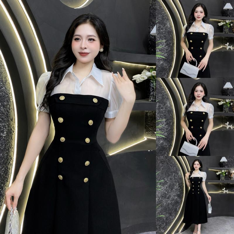 Váy Thiết Kế Evii E35 dành cho nữ Đầm thiết kế cổ đức phối tơ mềm đính cúc dáng A dài xếp ly phù hợp đi làm đi chơi và đi dự tiệc Có Bigsize Women