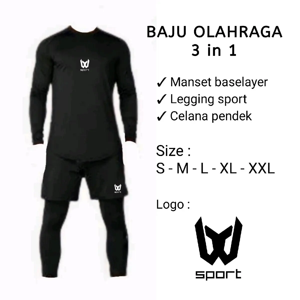 Set Pakaian Olahraga Pria Wanita 3in1 Manset Lengan Panjang, Leging, dan Celana Pendek Hitam - Sport