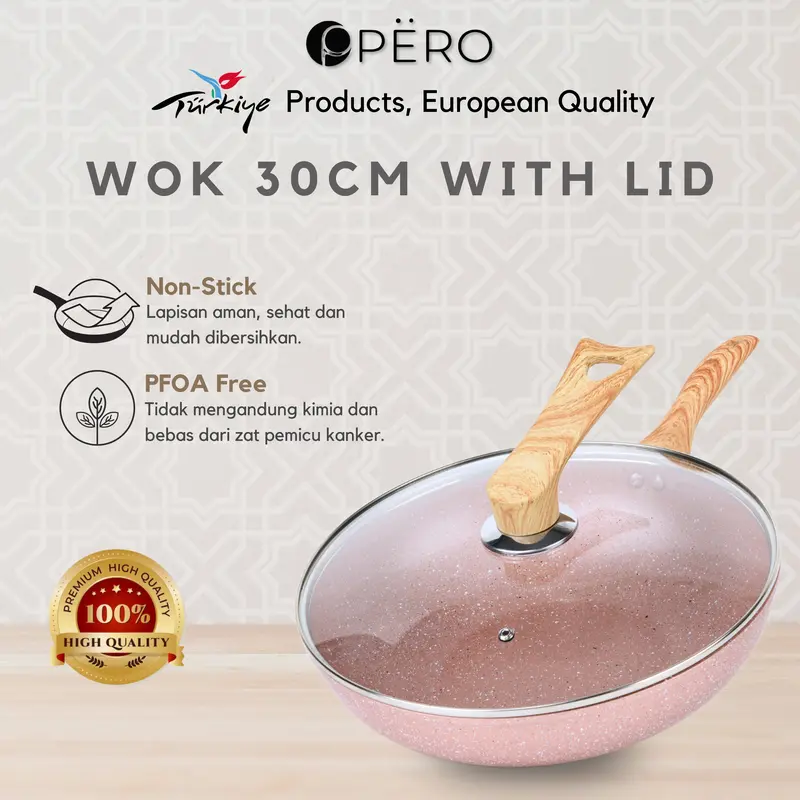 Pero Wok Pan 30cm with Glass Lid Wooden Handle Biogranite Non Stick / Wajan Penggorengan Ukuran 30cm dengan Tutup Kaca Handle Kayu Anti Lengket 1