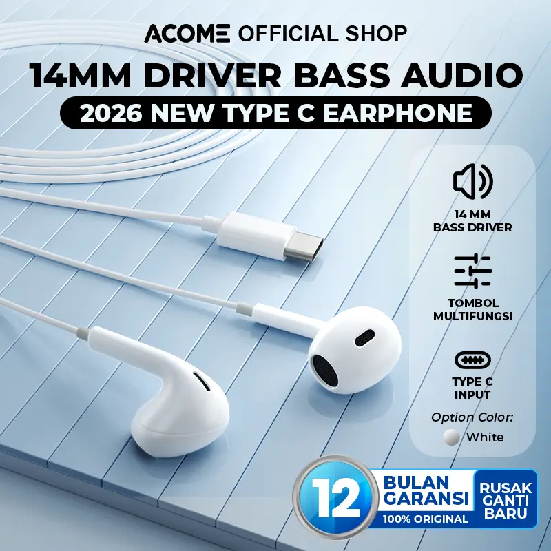 【BISA COD】ACOME Wired Earphone Headset Stereo 3D Bass TYPE C Semi In-Ear AW10 PRO White