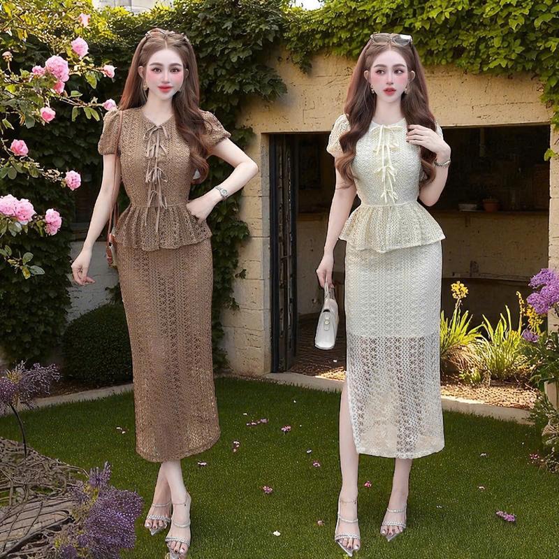  *Set áo váy CRAZYTEEN S6359 gồm áo kiểu cột nơ và chân váy để đi chơi   Áo tay ngắn  Chân váy   set đồ nữ sang chảnh 