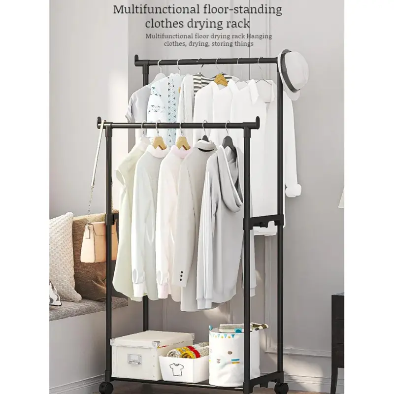Double-Rod Clothes Rack Clothes Rack With Hooks Hanging Clothe Organizer For Bedroom Movable Bedroom Clothing Hanger With Wheels 2