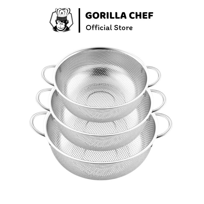 Rổ inox lỗ nhỏ 1 quai   2 quai Gorilla Chef rửa đựng rau củ vo gạo có quai treo vô cùng tiện lợi 