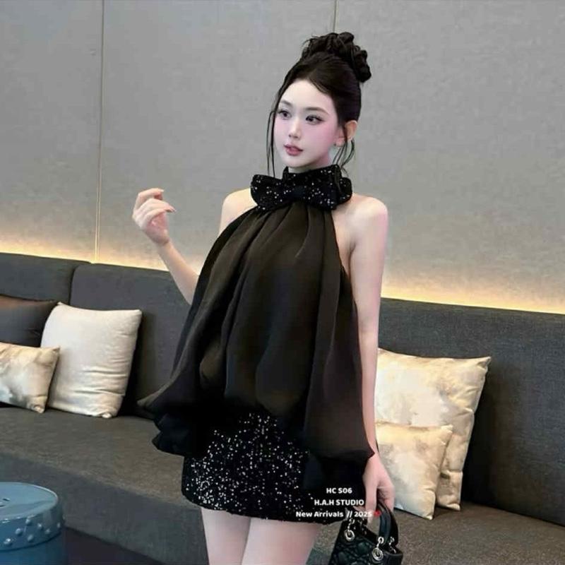  S23 • Set Áo Yếm Tơ Phối Nơ Mix Chân Váy Kim Sa Bling Tiểu Thư Sang Chảnh Thu Đông • NA TÍM Clothing 
