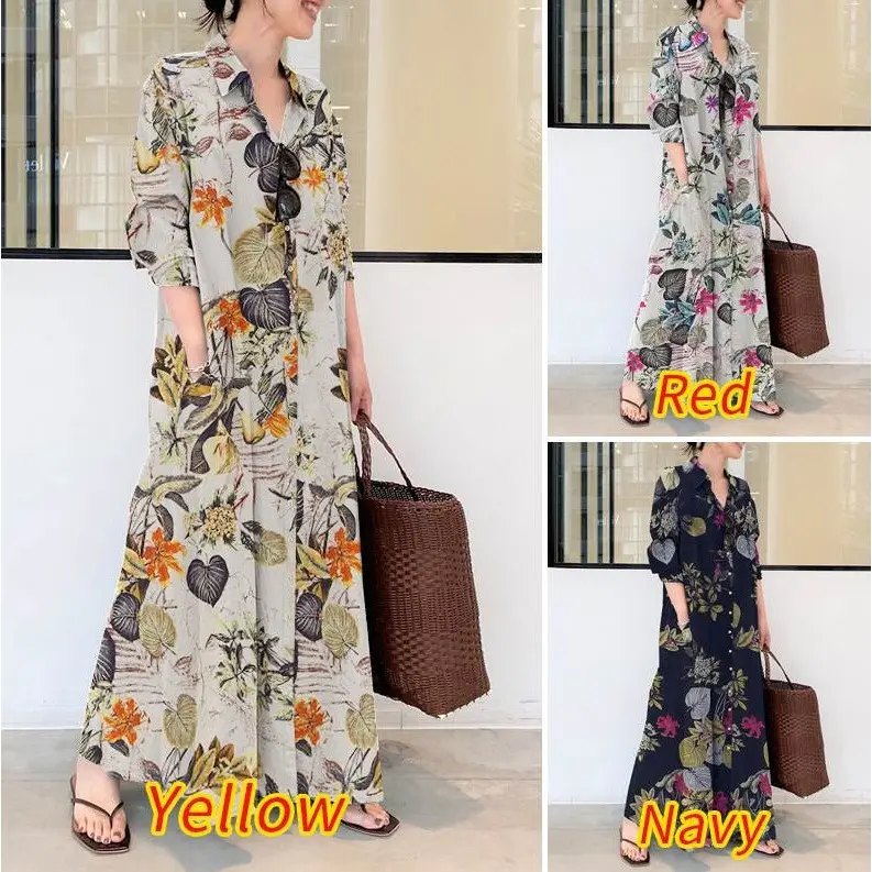 GDTIMA  Hany Long Dress Collar Casual Gaun Kerah Kasual Kancing Motif Bunga Lengan Panjang Kerah  Gamis Kancing Depan