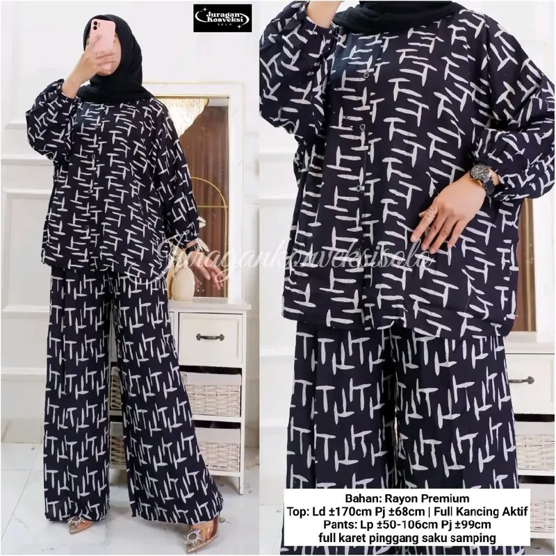 Seruni Setelan Jumbo  Blouse Batwing dan Kulot Bahan Rayon Batik Adem Nyaman Busui Kancing Aktif Baju Motif Celana Panjang Muslim Karet Samping Top 7