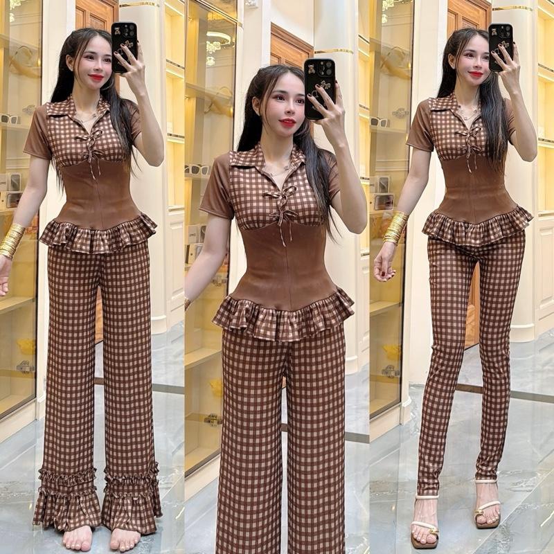 C310 đồ bộ ÁO CỔ BÂU TAY CON FROM XOÈ QUẦN ÔM+QUẦN SUÔNH BÈO thun gân tăm lạnh - Huyền đồ bộ xinh