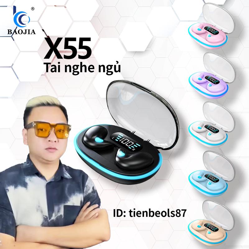 BAOJIA - Tai nghe ngủ X55, tai nghe Bluetooth , hiệu ứng âm thanh HI-FI, tuổi thọ pin cao, nhỏ gọn và nhẹ, tích hợp micrô, khử tiếng ồn, dành cho tất cả điện thoại 3 quà tặng (dây buộc miễn phí+tay áo trò chơi+nhãn dán)