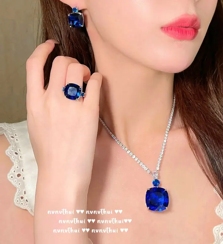 VJB-068 Safir Madagaskar, cincin zirkon karat besar, set anting dan kalung 1
