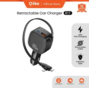 [NEW PRODUCT] Olike Car Charger R17 60W Built in Retractable Cable Lightning & Type C dan 2Port USB+ Type C Support Fast Charging