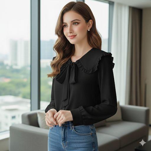 MIMA BLOUSE Atasan Wanita Terbaru 2025 Bahan Moscrepe All Size Fit L Lengan Panjang Hitam Casual Dewasa