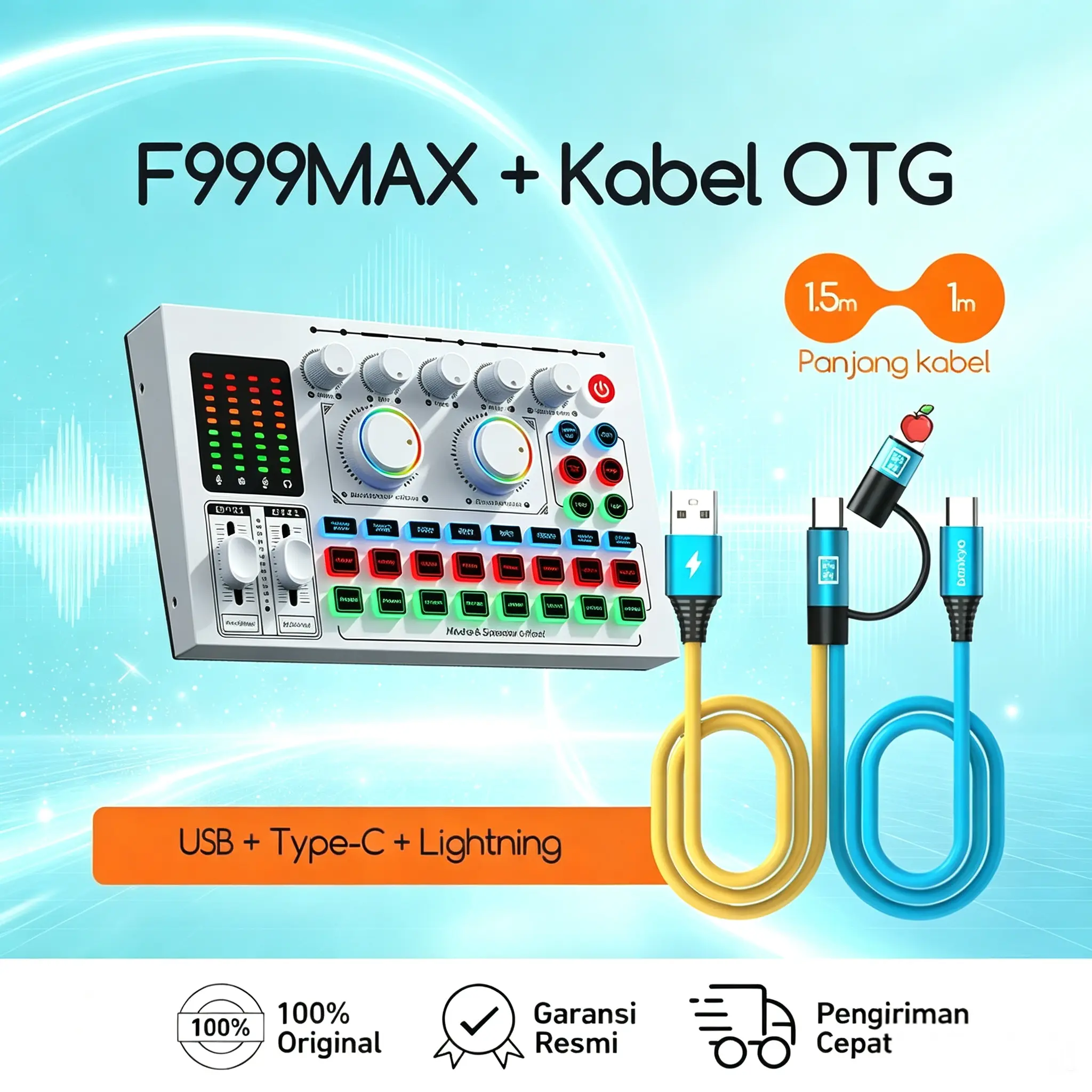 Bonkyo F999MAX Sound Card + Kabel OTG 1,5M untuk Siaran Langsung & Karaoke dengan AI Noise Reduction, Kontrol Treble/Bass, Bluetooth Nirkabel, Casing Logam Premium - Mixer Audio Profesional - Aluminium - Soundcard, Laptop