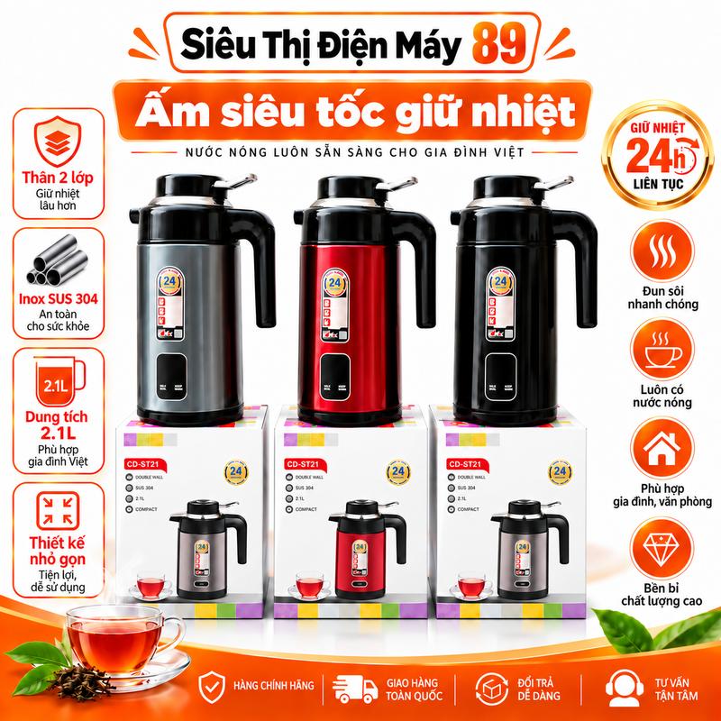ẤM SIÊU TỐC 3L KIÊM PHÍCH NƯỚC GIỮ NHIỆT CAO CẤP