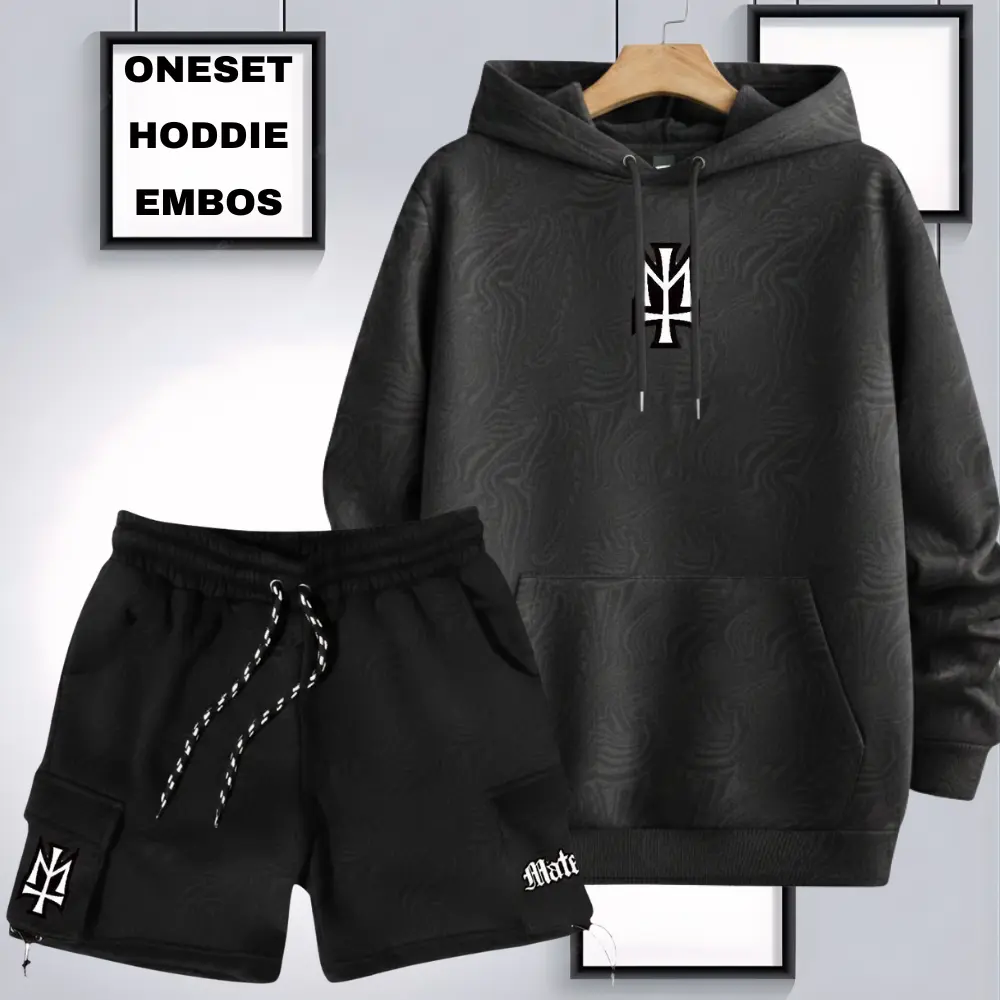 Setelan Oneset Hoodie Embos Sweater Celana Pendek EMbos Pria Wanita Distro Stelan Embos List Maternal Sweater Celana Cargo MTRNL Warna Carcol Bahan Embos