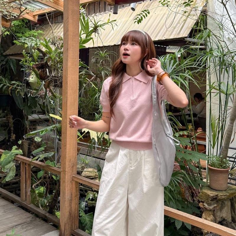 Áo len tay ngắn cổ bẻ phối khoá kéo áo len polo trơn nhiều màu basic phong cách Hàn Quốc Salavi QC B398 312