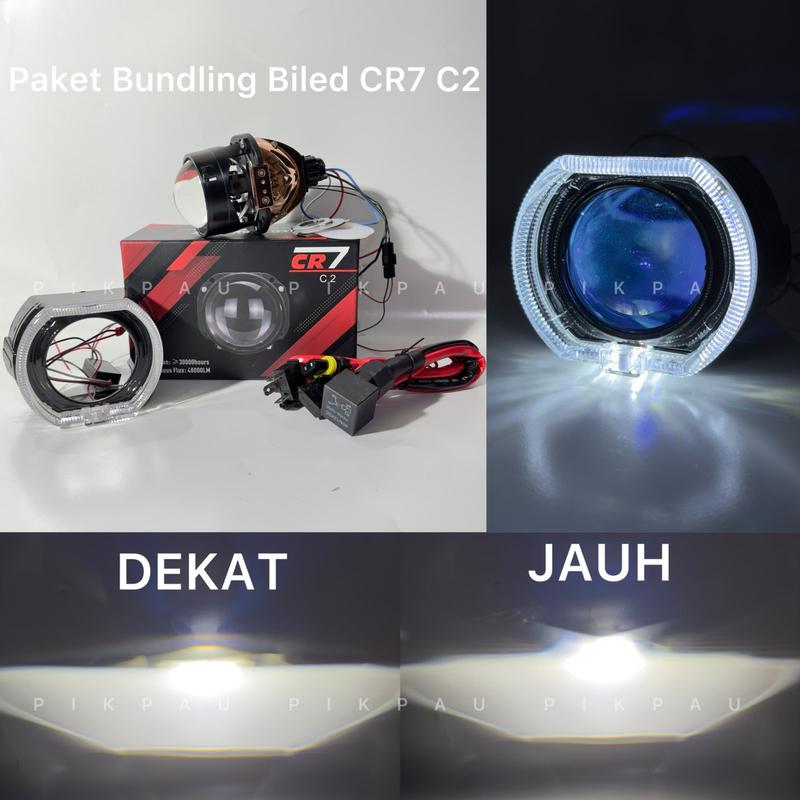 PAKET BUNDLING Lampu Utama Biled CR7 C2 Gen 2 Original Golden Shell Blue Lens Plus Devil Eye Premium Biled Flat Cut High Low 1