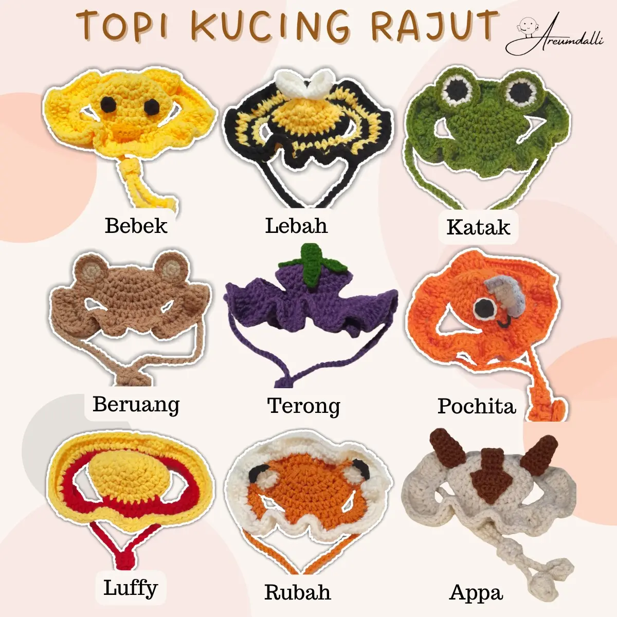 Areumdalli - Topi Kucing Rajut Karakter / Cat Hat Crochet / Headband Kucing Topi Anjing Rajut
