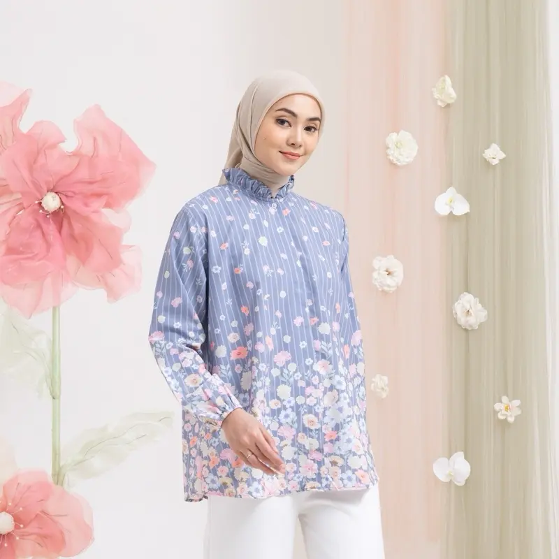 Blouse Alika Wanita Motif Kancing Muslim Casual Ruffle Sonya - Ukuran A - Baju, Nyaman