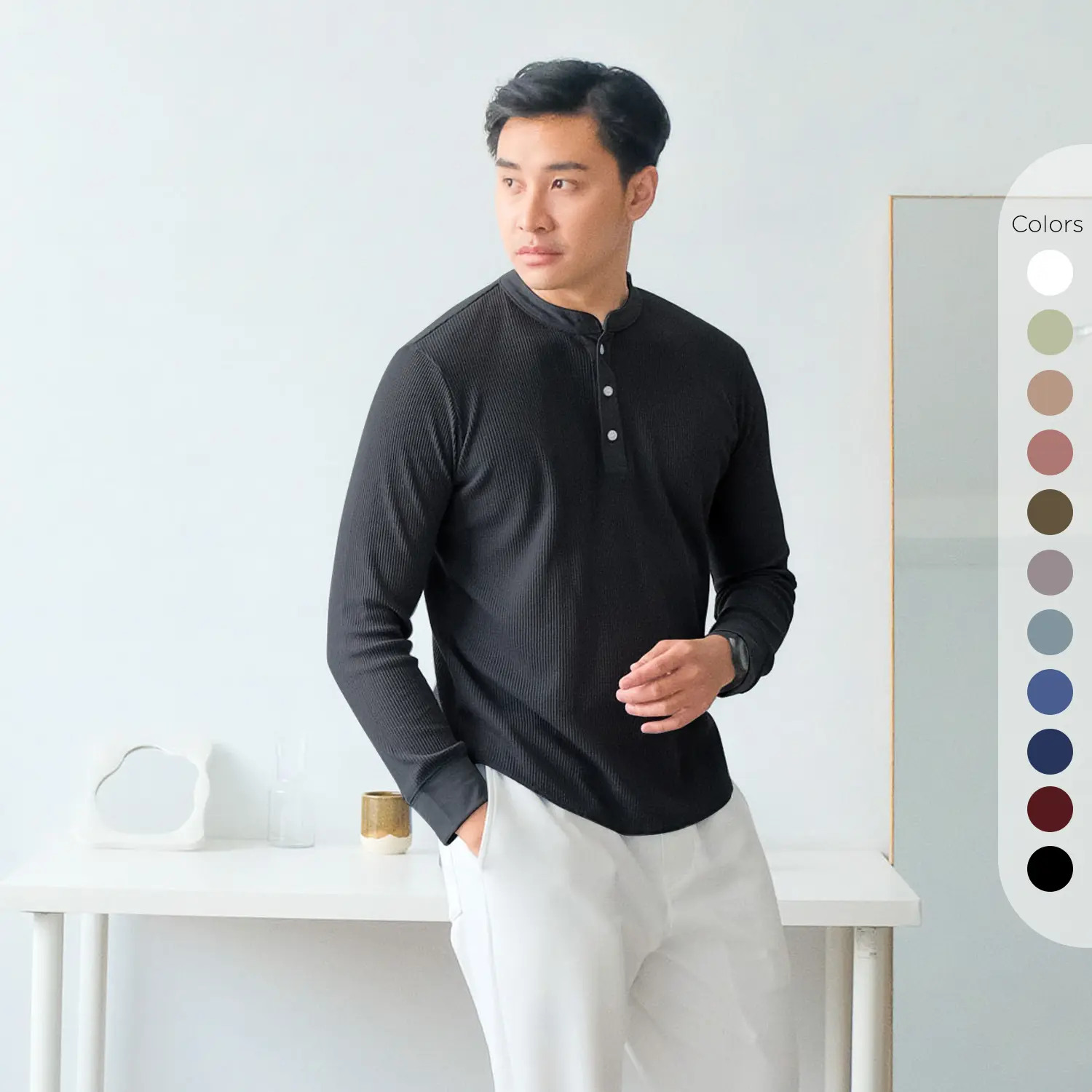 Isla for Men Smith Waffle Henley Neck T-Shirt Long Sleeve